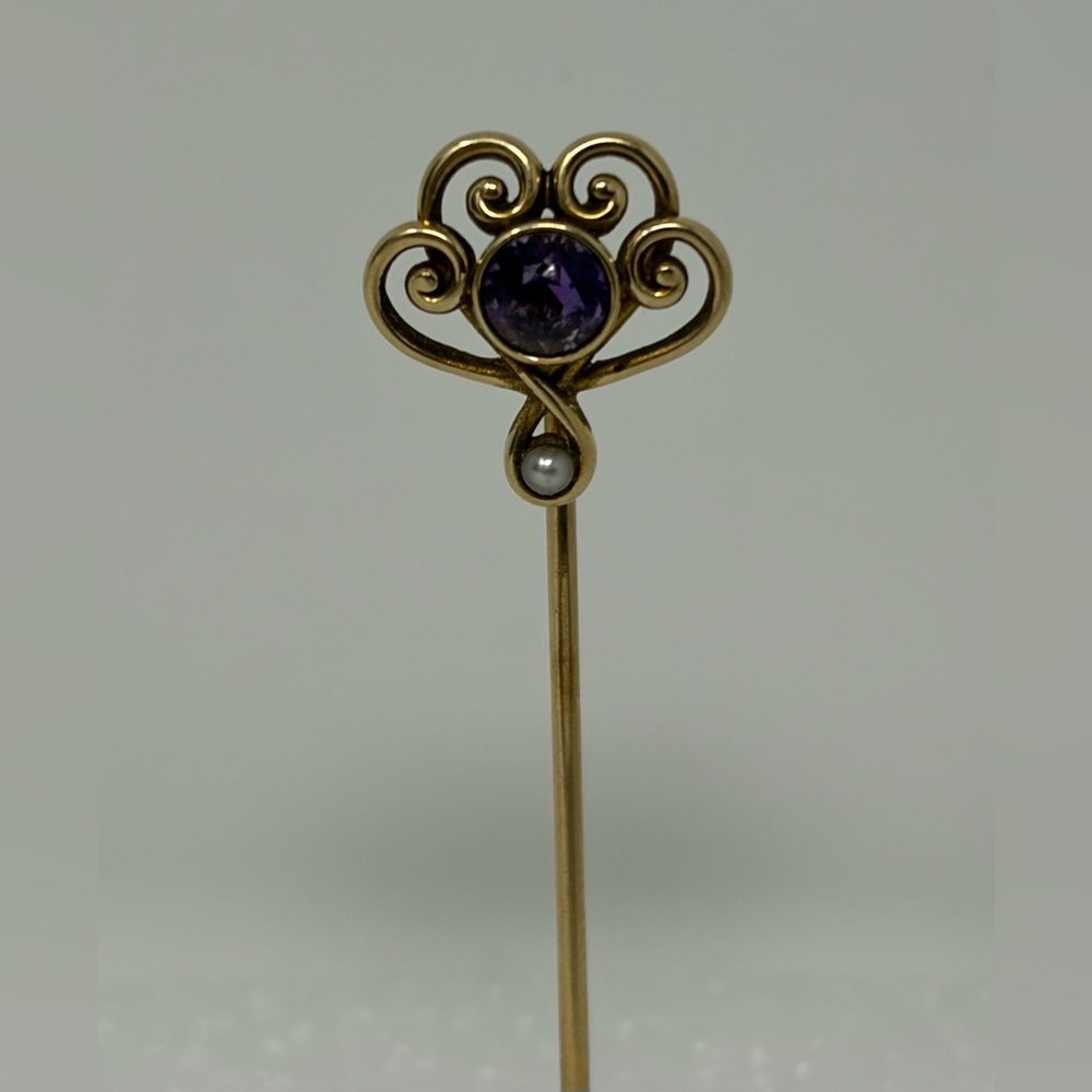 Antique Victorian Gold Stick Pin Purple Stone Seed Pearl Scrollwork 14K Gold